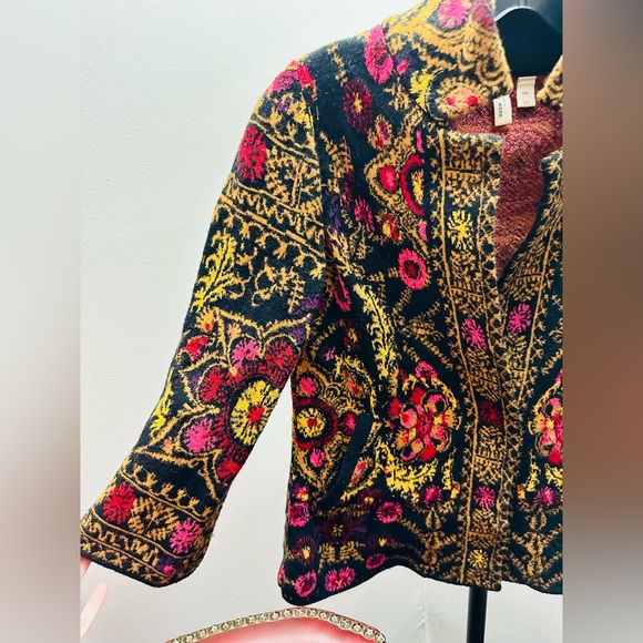 Moth for Anthropologie Black Floral Multicolor One-Button, 3/4-Sleeve Cardi, XXS - Picture 5 of 9